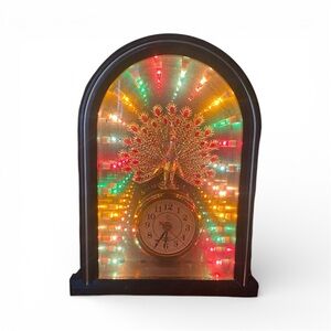 Vintage 80's Peacock Lighted Tunnel Infinity Mirror Desk Table Gold Clock Art